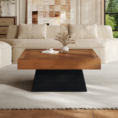 Table basse moderne carrée 31,5 po pour le salon, plateau en grain de bois brun et base noire, table d'appoint de style maison de campagne de style Mid-Century