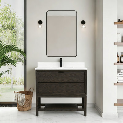 36" Transitional Medium Wood Bathroom Vanity with 1" Engineered Marble Top