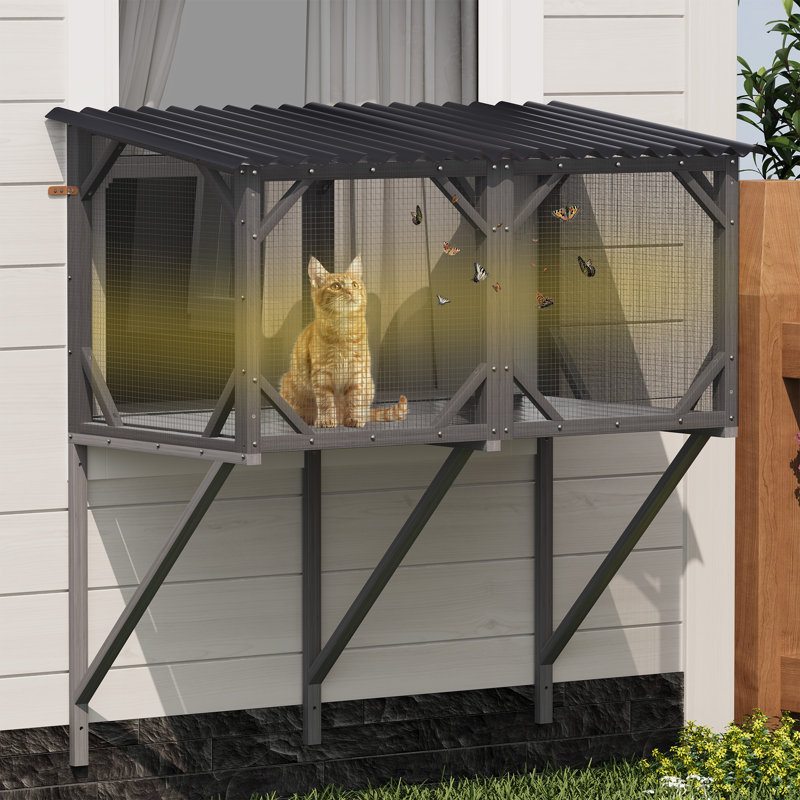 Spacieux Catio avec moustiquaire gris antique pour perchoir extérieur et intérieur