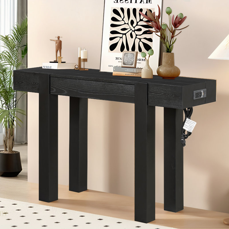 Thick Solid Wood Entryway Table With Charging Ports And Hidden Storage Drawer|Timeless Minimalist Style, Black