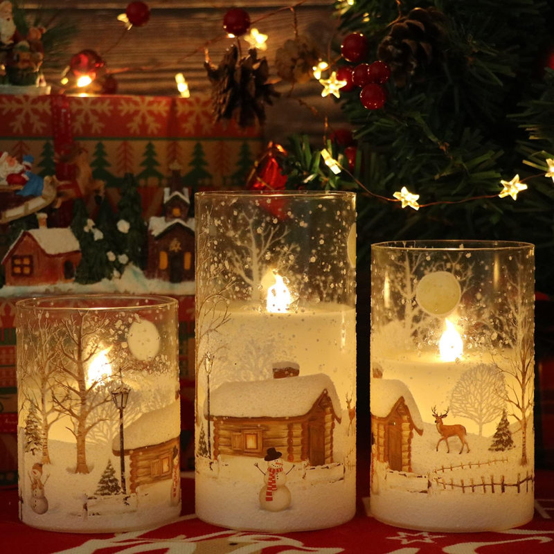 White Christmas Glass Flickering Flameless Candles Battery Operated With 10-Key Remote And Timer Set Of 3 Real Wax Holiday LED Window Pillar Candles(Snowman Decal, 3 X 4, 5, 6 Inches)