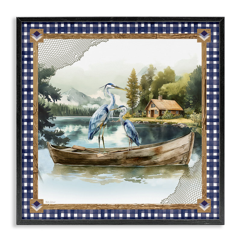 Herons on Boat with Tartan, giclée encadrée, design par Nicole DeCamp, Giclée encadrée noir minuit, H 12 po x l 12 po