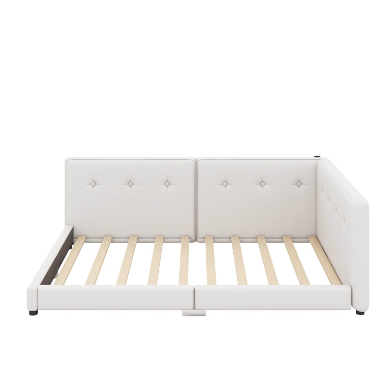 Upholstered Platform Bed With USB Ports, Beige, Queen