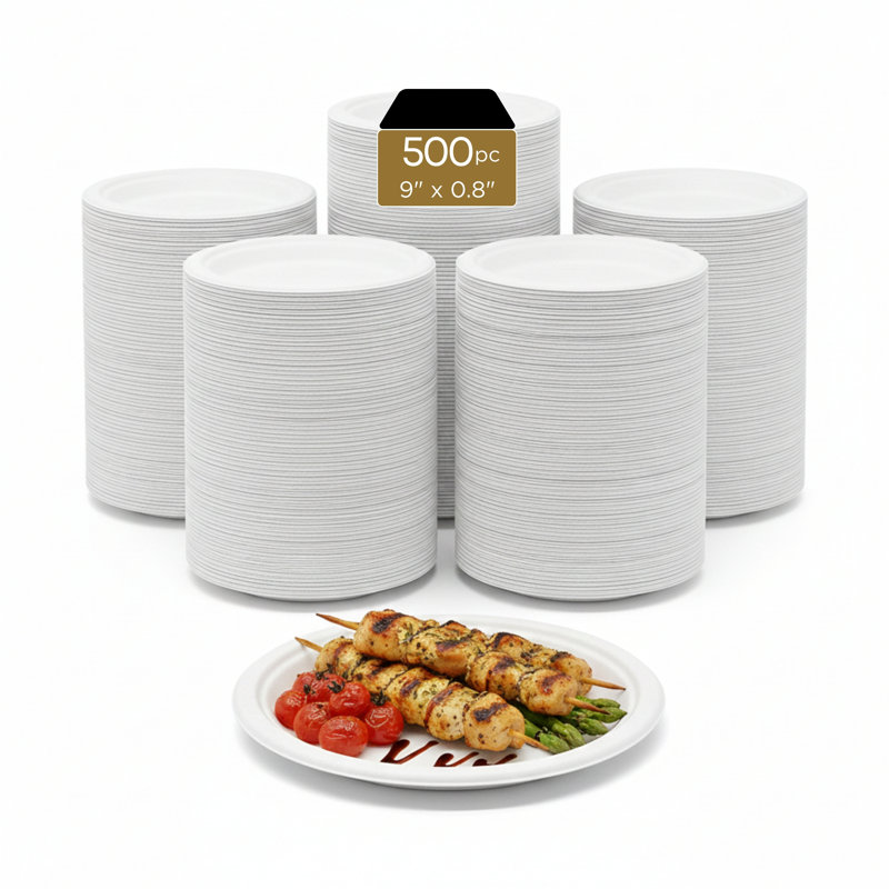 Bagasse Plates (PFAS-Free), White, 9", 500-Pack