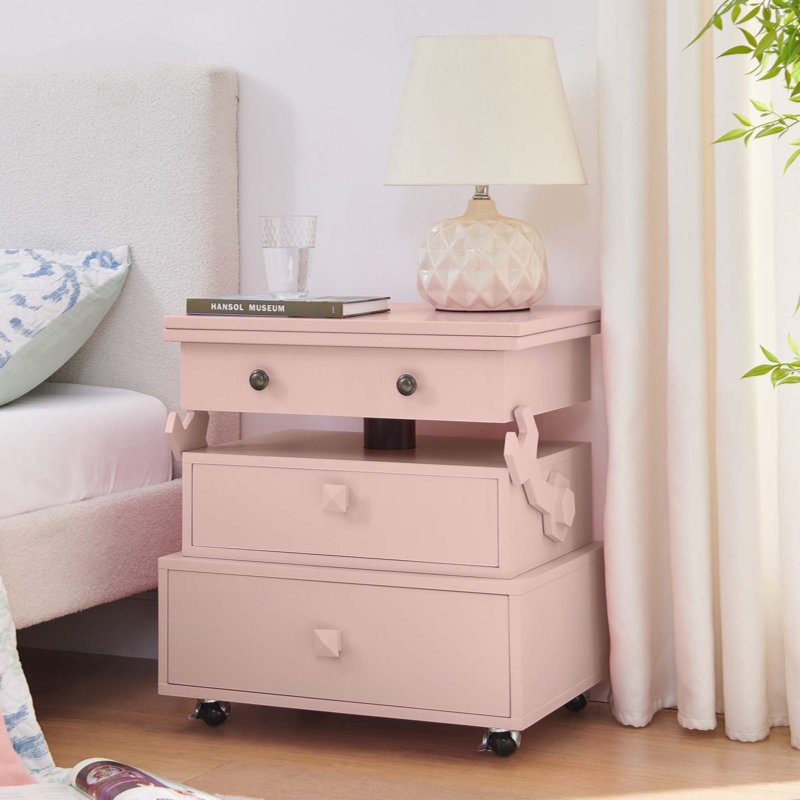 Table de bout roulante à hauteur ajustable laquée ultrabrillante avec station de charge et roues universelles avec freins, table à plateau relevable multifonctionnelle avec tiroirs de rangement pour la chambre à coucher du salon