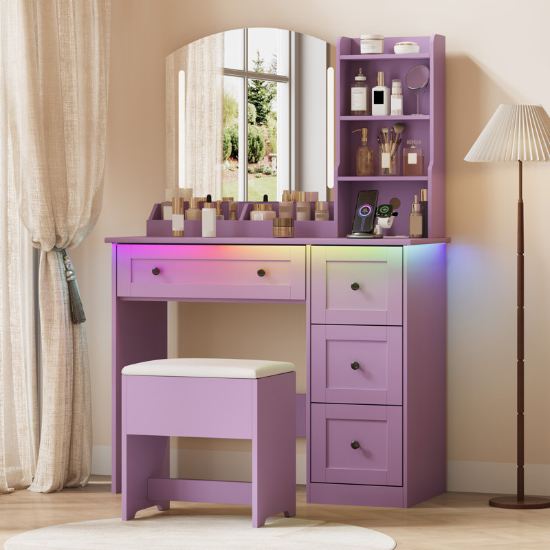 Ensemble de coiffeuse RGB avec miroir incurvé et prise électrique, Mauve