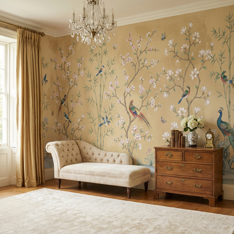 Papier peint oriental oriental à motif floral oiseaux, 140" x 108", Peler et coller