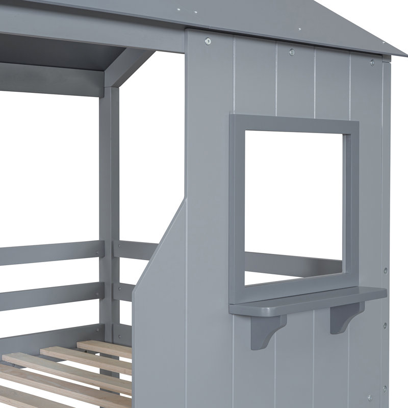 Gray Twin Over Bunk Bed With Front Windows - Enhance Natural Solid Wood Stable Construction