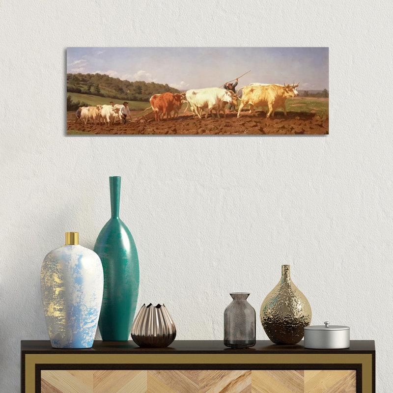 Ploughing In The Nivernais, 1850 (Private Collection) by Rosa Bonheur - Wrapped Canvas Panoramic Print