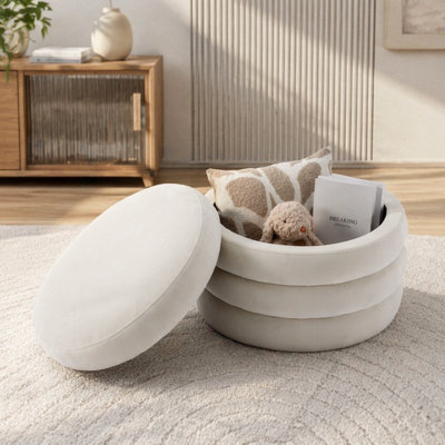 007-Velvet Fabric Storage Round Ottoman Footstool With Wooden Shelving,Ivory