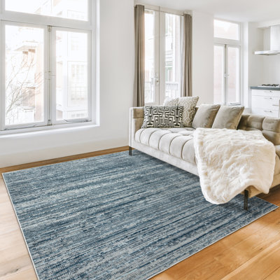 Tapis d'intérieur en polyester rayé bleu gris Miesner Dario