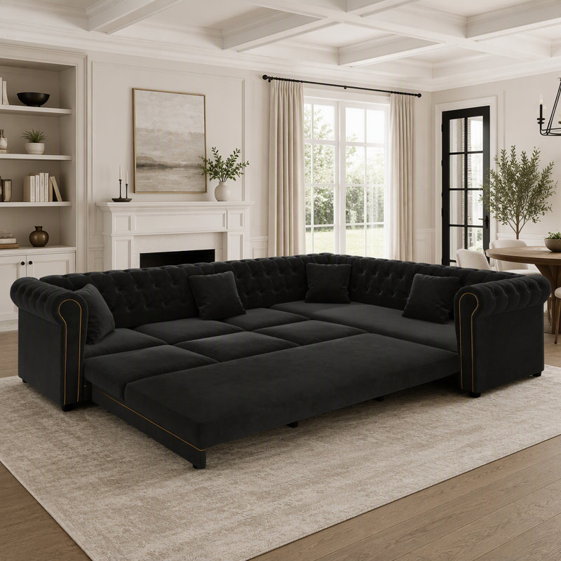 Canapé en L 115,3 po avec lit escamotable, canapé-lit convertible surdimensionné, canapé capitonné en velours, accoudoirs roulés à garniture dorée, canapé de luxe surdimensionné avec coussins décoratifs pour salon, noir