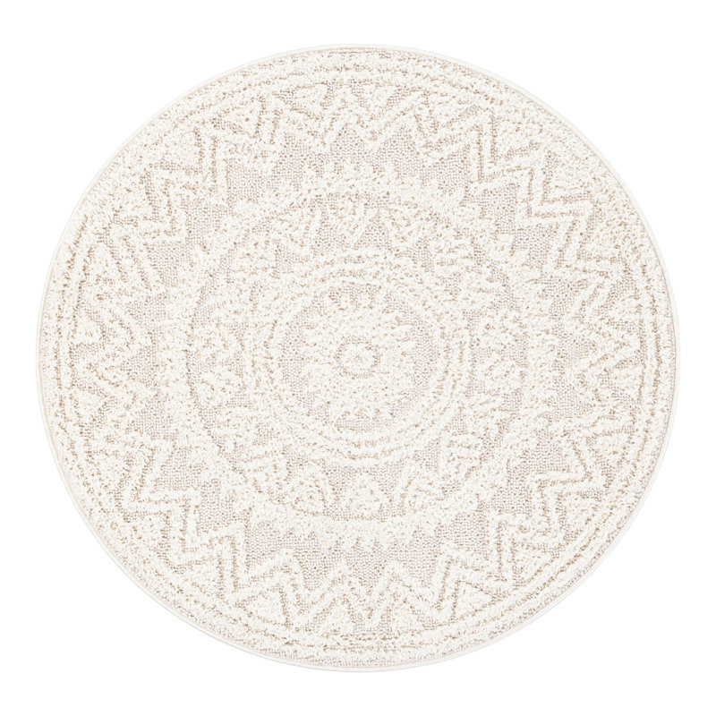 Amirah Geometric Machine Woven Polyester Area Rug in Ivory, Round 4'1" - No Tassels