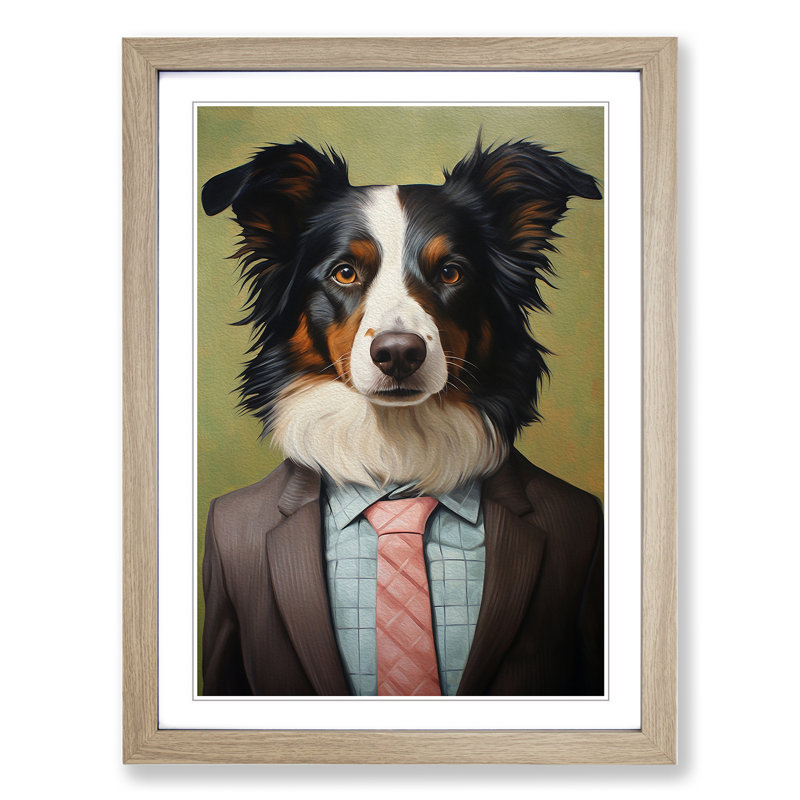 Border Collie In A Suit Painting No.4 - Single Picture Frame Print on Wood, Oak Framed, 64cm H x 46cm W x 2cm D