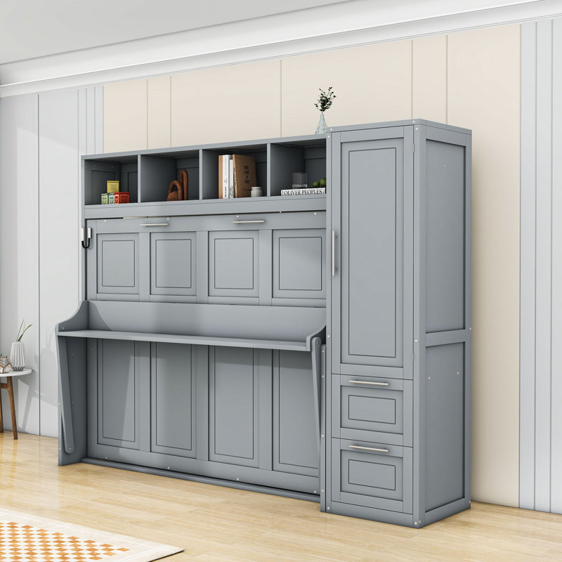Lit escamotable Ajae avec bibliothèque de rangement, tiroirs et garde-robe, Gris, Plein
