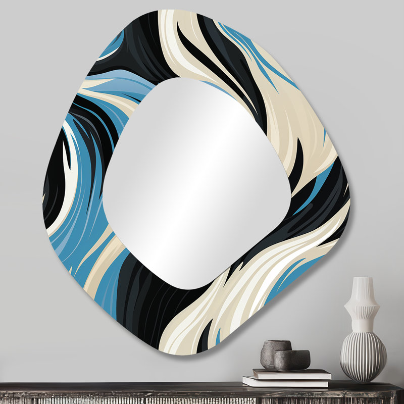 Rayures zébrées noires et bleues - miroir mural rayé de forme unique, miroir décoratif asymétrique bleu, impression d'art en métal