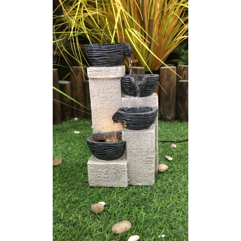 11" Beige and Black Stacking Bowls Fountain with LED Lights