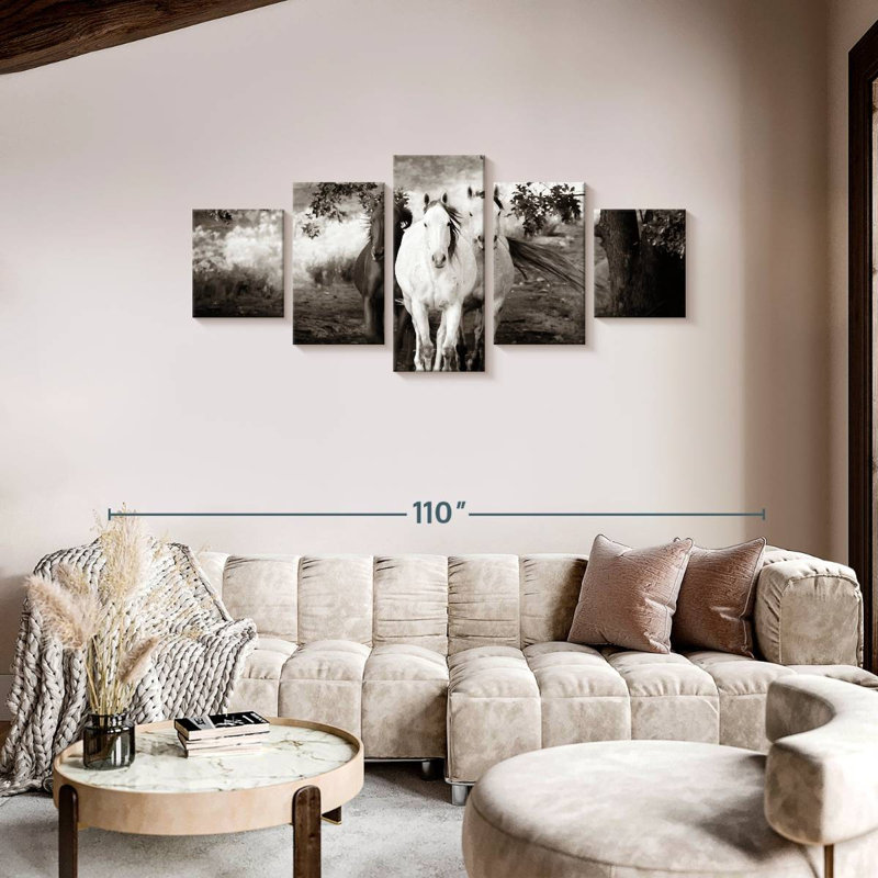 Trois chevaux sauvages sépia, H 36 po x l 80 po