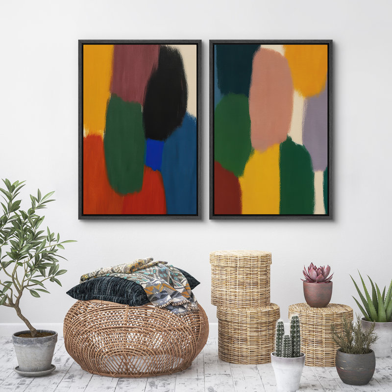 Art mural abstrait, ensemble de 2 reproductions d'art encadrées sur toile, Noir, H 24 po x l 32 po