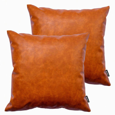 Cognac Brown Leather Pillow Covers - Set of 2 | Modern Square Cushion Cases | Thick & Extra Large Decorative Minimalist Sofa Accessories