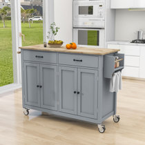 Blue Kitchen Island with Built In Paper Towel Holder Next to Shaw