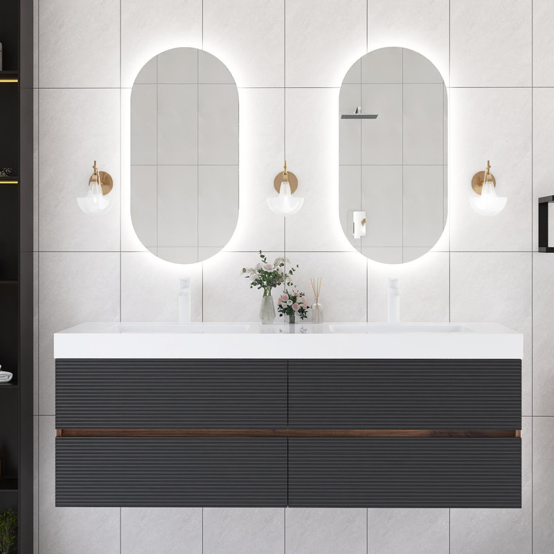60''Wall-Mounted Double Bathroom Vanity In Brown With White Integrated Solid Surface Top