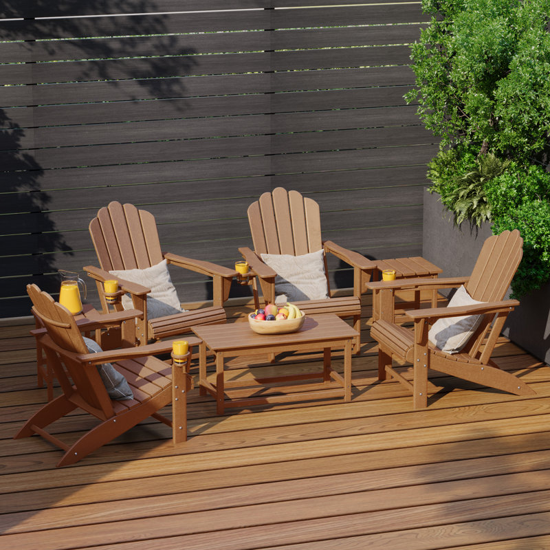 Ensemble de conversation d'extérieur en poly 7 pièces Adirondack, 7 pièces: 2 tables d'appoint, 4 chaises, 1 table, Brun