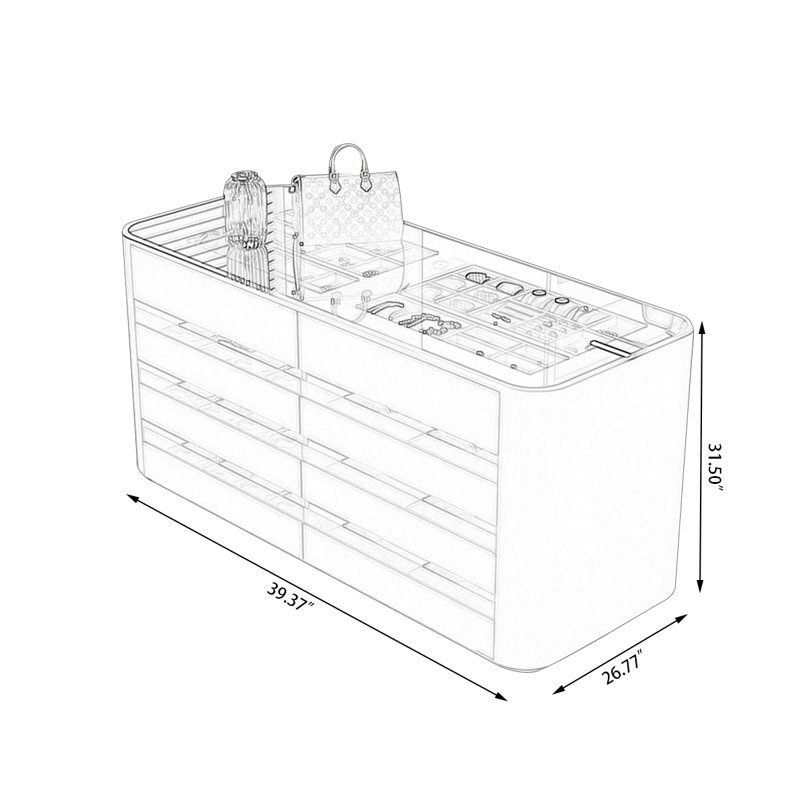 Vitrine à bijoux en bois manufacturé gris avec compartiments de rangement de type tiroir, Gris