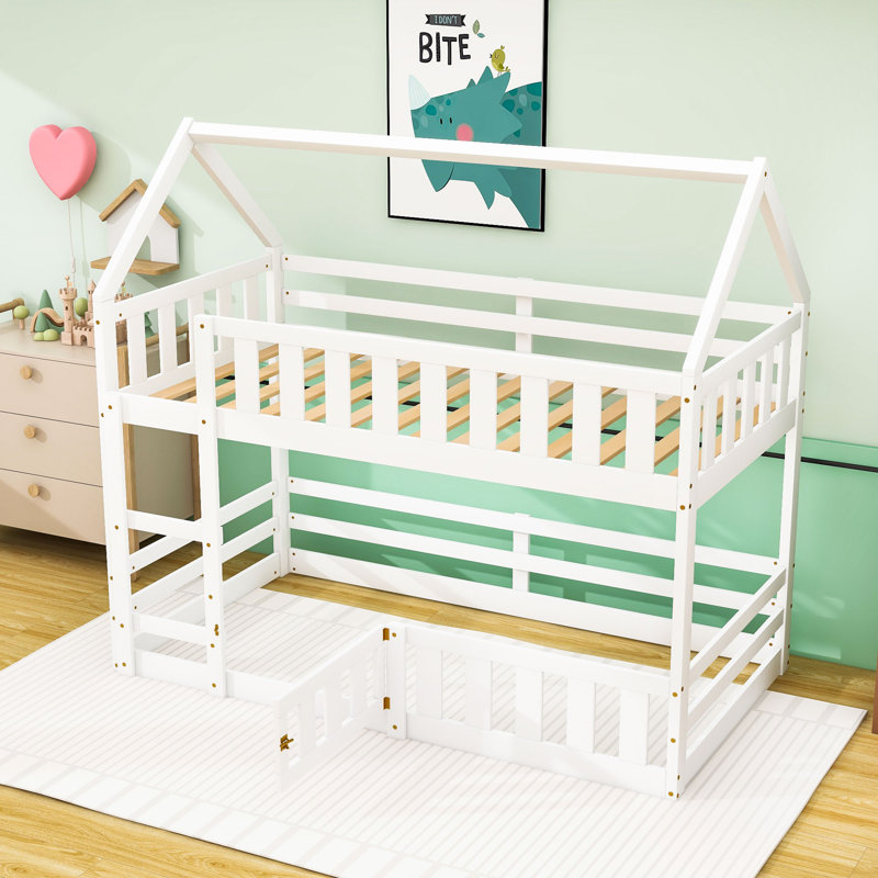 Twin Over Twin House-Shaped Bunk Bed With Fence And Door, White