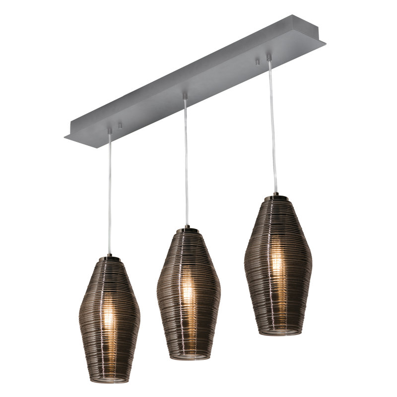 Luminaire suspendu linéaire à 3 lumières pour îlot de cuisine Pebrook, Nickel satiné, Fumée