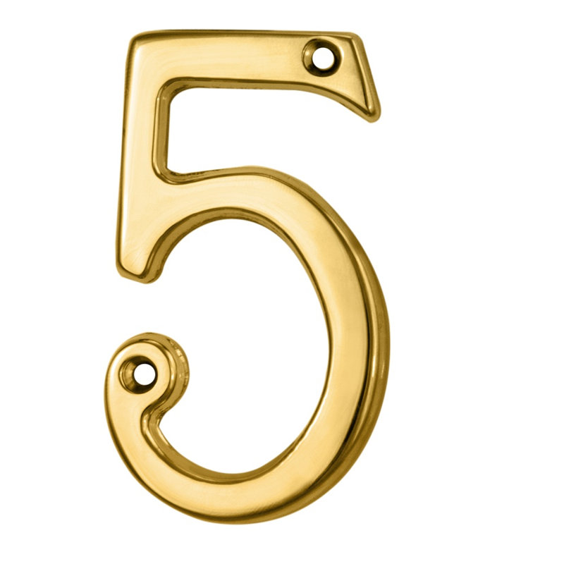 Clapham 7cm H Brass House Number, 5, Polished Brass