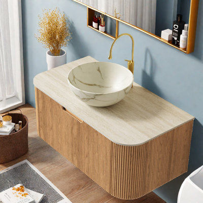 Meuble-lavabo flottant moderne avec lavabo, armoire à grain de bois durable et cuve en céramique