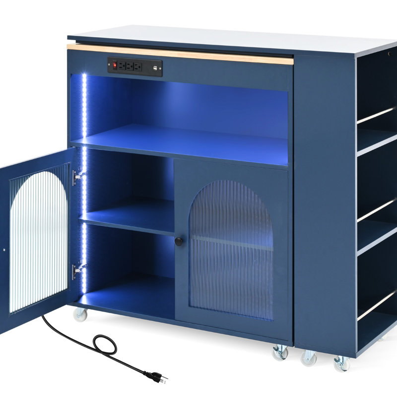 Navy Rolling Kitchen Island With Led Lights, Power Outlets, Fluted Glass Doors & Large Shelf On Wheels 2 Doors, Storage Cabinet