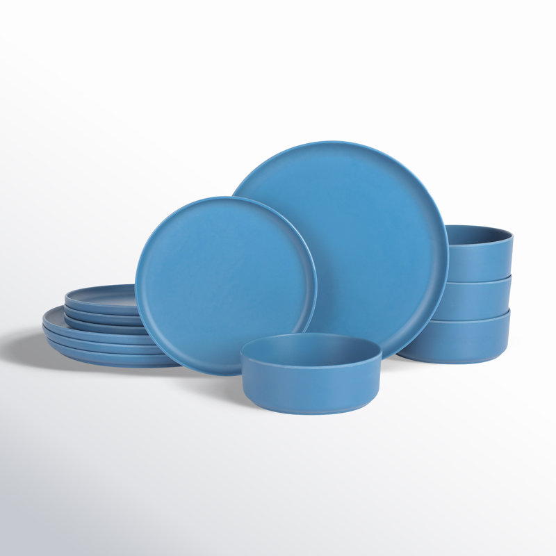 Gibson Home Canyon Crest 12-Piece Stackable Matte Melamine Dinnerware Set, Blue