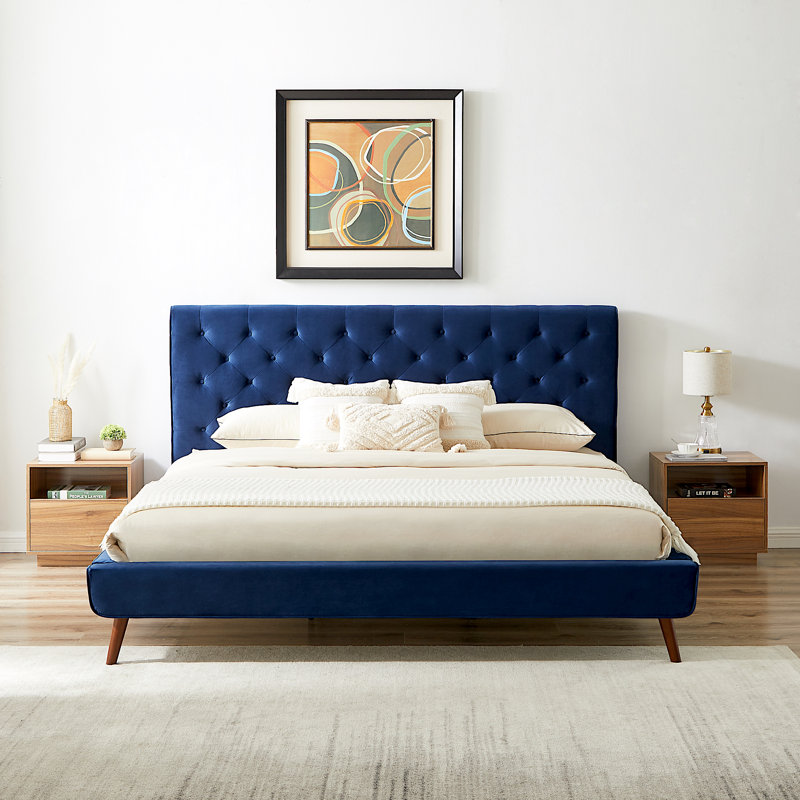 Nico Upholstered Platform Bed, Dark Blue, King