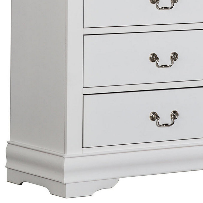 Commode haute Ryla, 5 tiroirs, poignées en métal nickelé, bois massif, Blanc