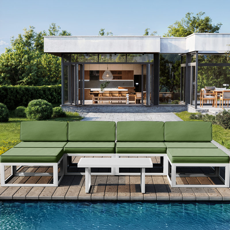 Outdoor Aluminum 6 - Person Sofa Seating Group, 4-Pieces Patio Conversation Set with Removable Cushions for Pool, Garden, Yard