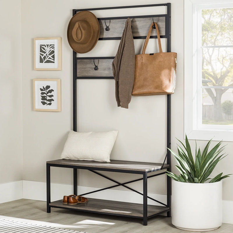 Portemanteau avec banc et rangement pour chaussures Everheart, Gris délavé
