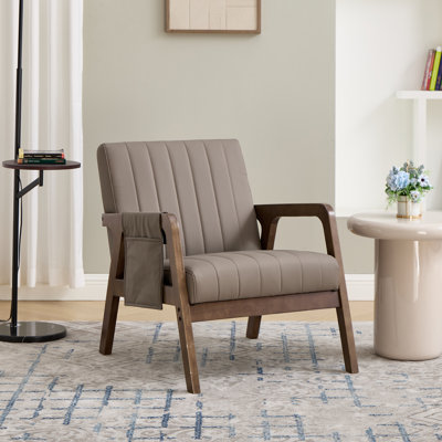 Fauteuil d'appoint Mid-Century moderne avec pochette de rangement latérale, fauteuil en similicuir rembourré avec structure en bois massif, fauteuil de lecture pour le salon, la chambre à coucher