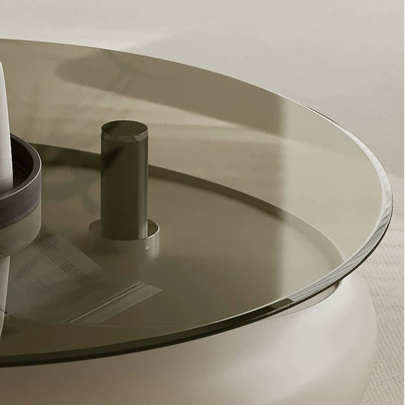 Table basse moderne: panneau de fibres à densité moyenne avec finition cuite, verre trempé gris et roulettes rotatives
