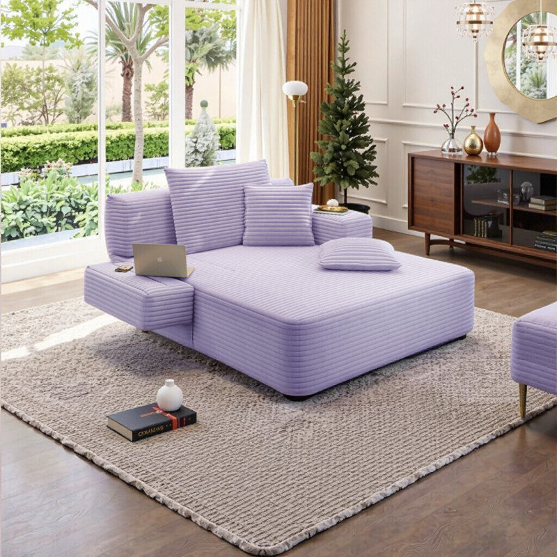 Chaise longue convertible Resta en velours côtelé duveteux avec poches de rangement et 3 coussins, Mauve