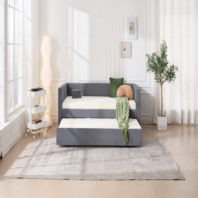 Twin Size Upholstered Daybed with Trundle, USB Port, Side Pockets, Modern V-grained Backrest, No Box Spring Needed, for Bedroom and Guest Room