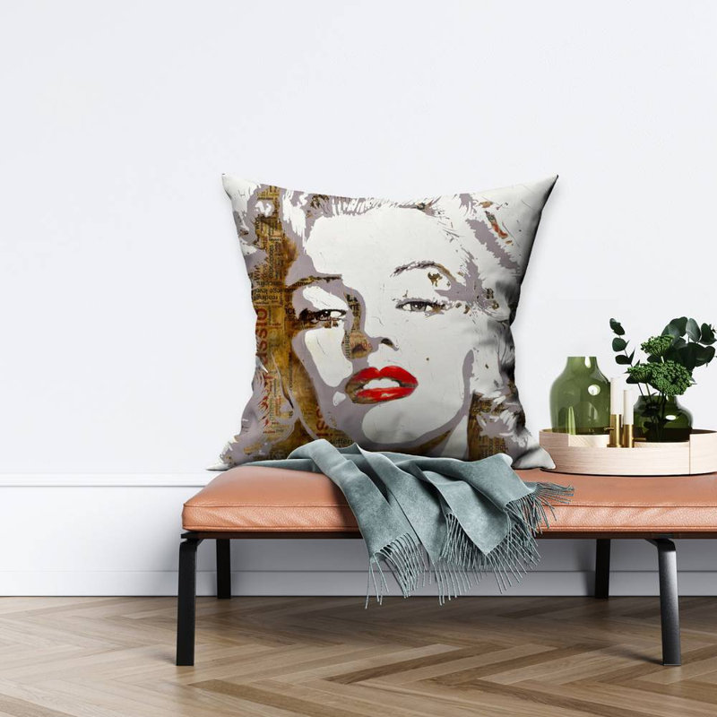 Marilyn monroe with typography - 26"x26" Throw pillow - Poly twill - Print on demand, White/Brown/Red