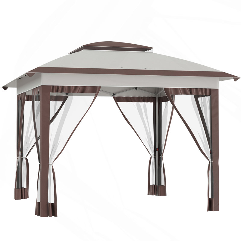 12' X 12' Pop Up Canopy Tent With Netting And Carry Bag, Instant Sun Shelter With 137 Sq. FT Shade, Tents For Parties, Height Adjustable, For Outdoor, Garden, Patio, Beige And Brown