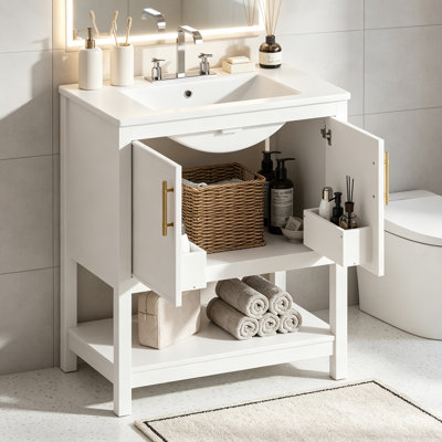 30-Inch White Bathroom Vanity with Ceramic Sink and Versatile Storage - Ideal for Small Bathrooms