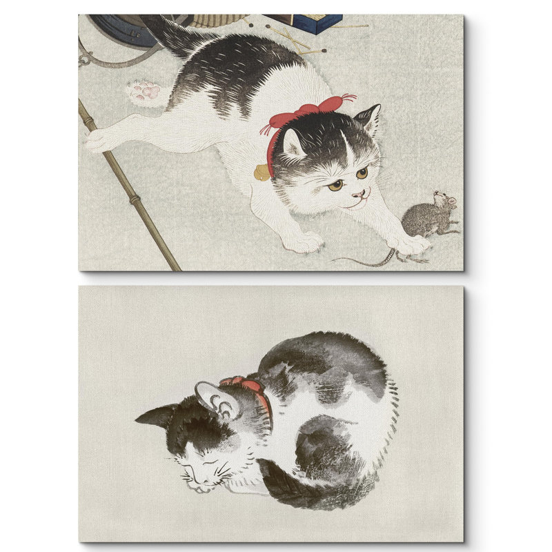 Chats de style japonais se ruant sur les animaux de la souris 2 pièces, Toile tendue, H 24 po x l 36 po