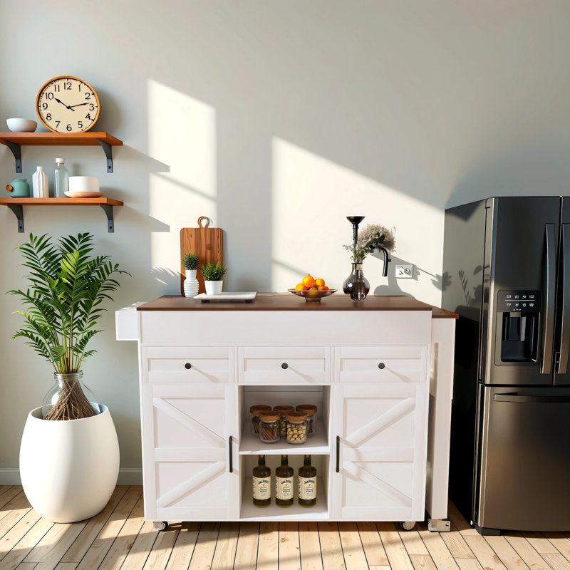 Îlot de cuisine 74,8 pouces avec table de salle à manger extensible et prise électrique - Chariot de rangement sur roulettes avec 3 tiroirs et 2 armoires à portes, blanc