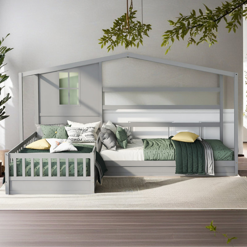 Lit simple en bois pour enfants, structure en L pour lit simple en bois massif avec clôture et structure à lattes, Gris