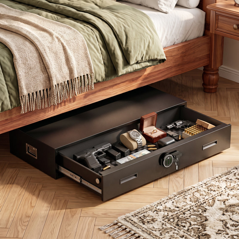 Re Labida Floor Under Bed Safe, Digital Drawer safe, Heavy Duty Gun Safe for Rifles 7.8"H Quick Access Security Safe, Rifle Safe with Alarm System, Mute Mode & Ratchet Tie Down Strap for Bedroom Closet Truck