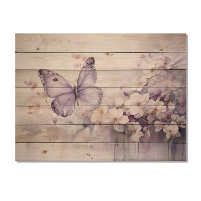 Purple Butterfly Enchanted Flight II - Animals Print on Natural Pine Wood